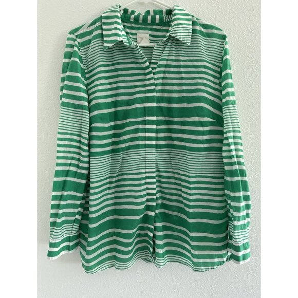 CHICO'S Button Down Shirt Womens Size 2 100% Cotton Green White Stripe Resort - Picture 1 of 8